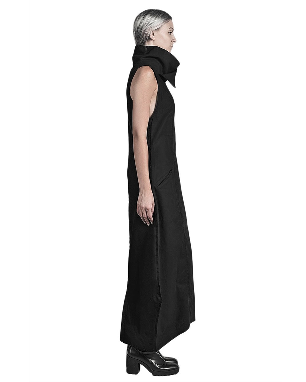 MINOAR - Constructive long collar dress, Women's black cotton dress with panel construction - 5