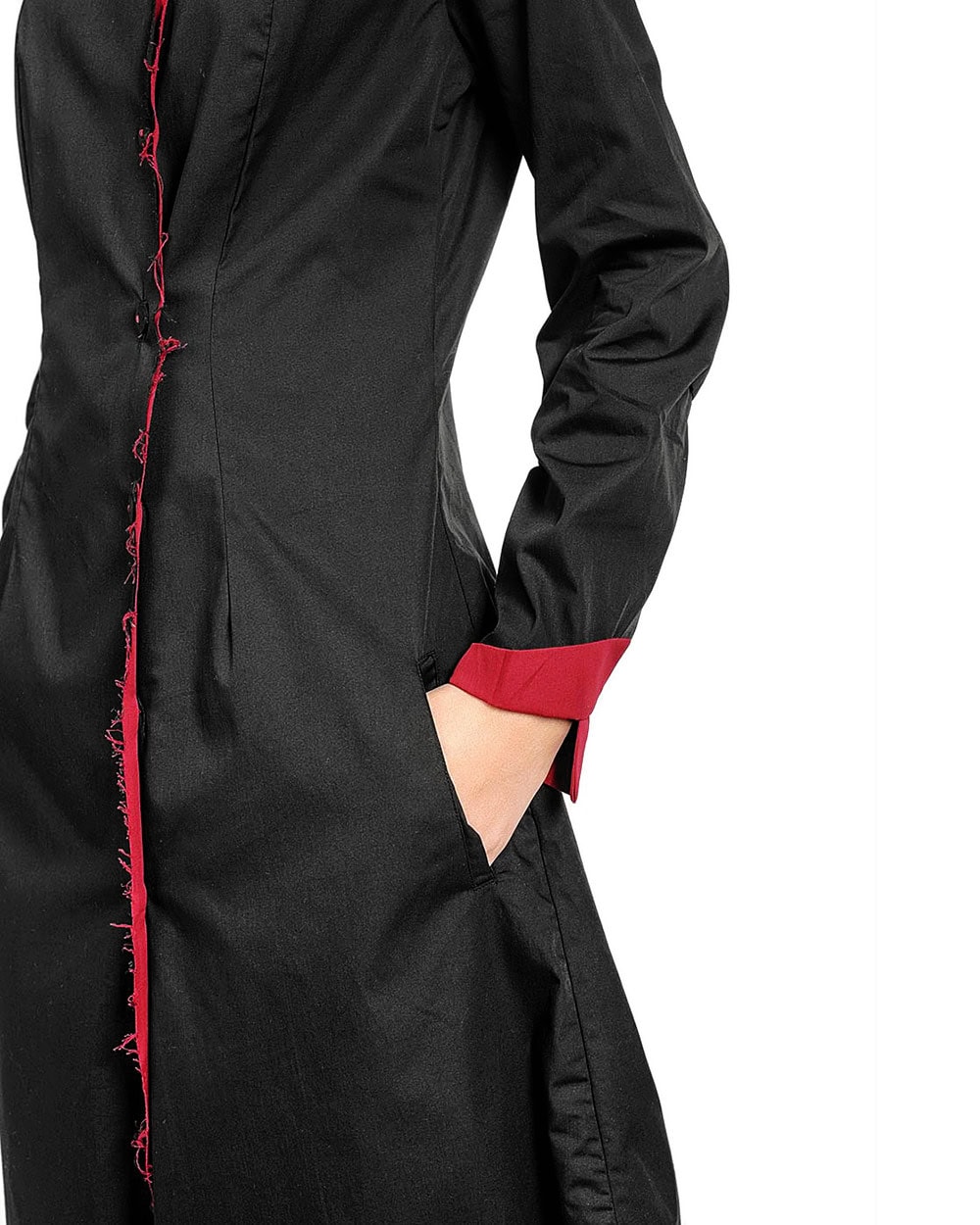 MINOAR - Layered Constructive Dress Shirt, Women's black cotton dress with diagonal welt pockets - 12