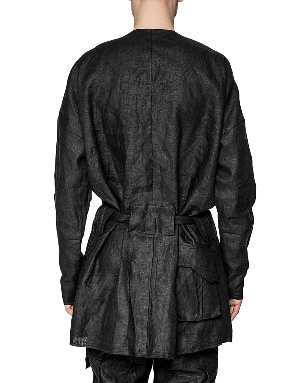 MINOAR - Utility Wrapper Linen Coat, Men's black linen coat with cargo pocket detail - 7