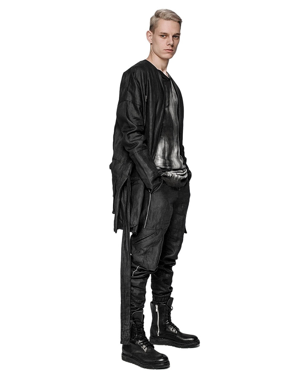 MINOAR - Utility Wrapper Linen Coat, Men's black linen coat with cargo pocket detail - 5