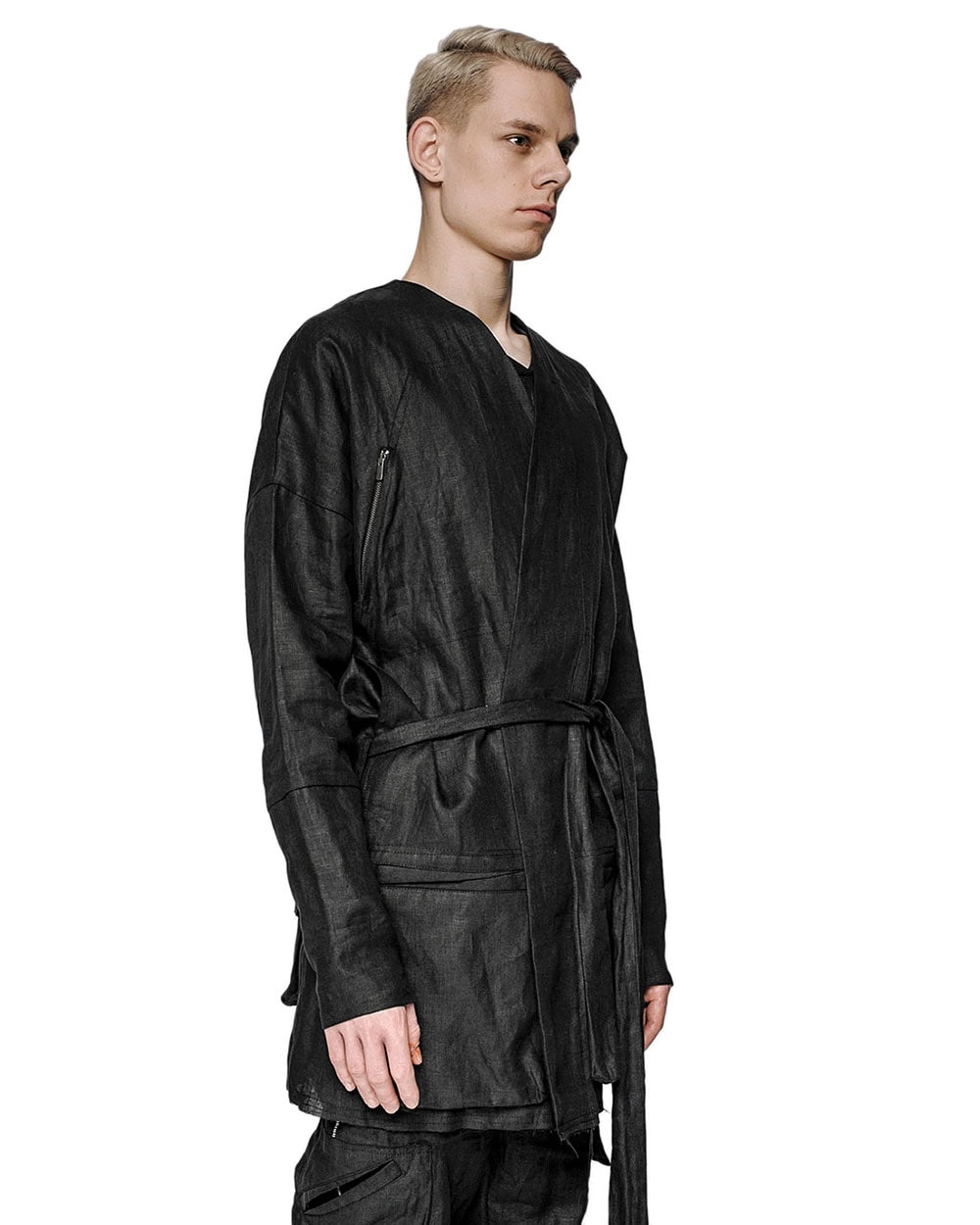 MINOAR - Utility Wrapper Linen Coat, Men's black linen coat with cargo pocket detail - 8
