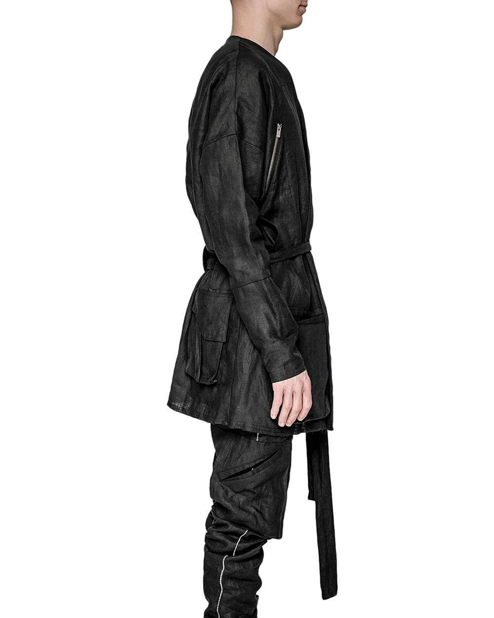 MINOAR - Utility Wrapper Linen Coat, Men's black linen coat with cargo pocket detail - 6