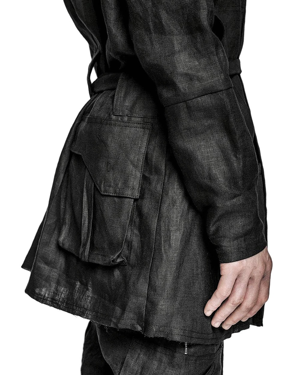 MINOAR - Utility Wrapper Linen Coat, Men's black linen coat with cargo pocket detail - 11