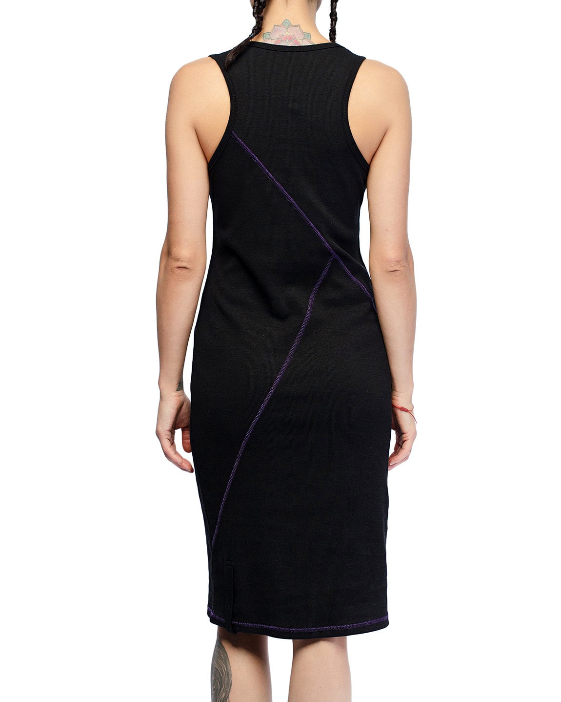 MINOAR - Angular Segment Elongated Dress Top, Women's black cotton dress with layered construction - 5
