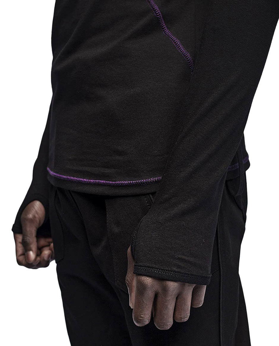 MINOAR - Angular Segment Hooded Top, Men's black cotton top with ribbed knit texture - 8