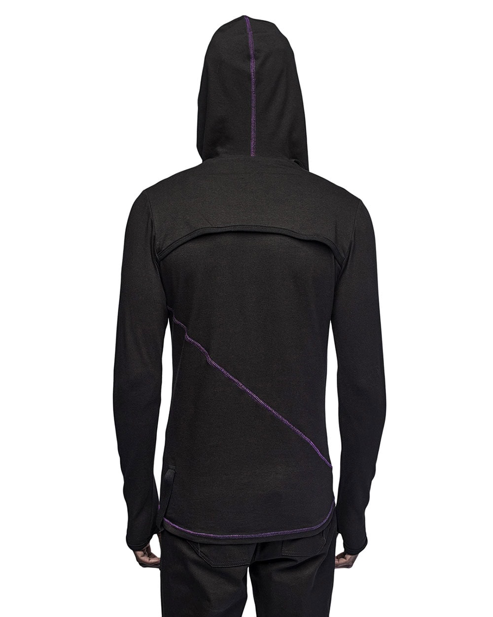 MINOAR - Angular Segment Hooded Top, Men's black cotton top with ribbed knit texture - 5