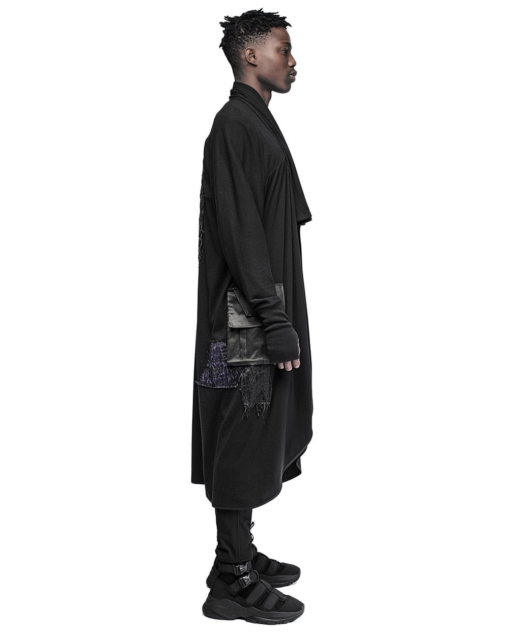 MINOAR - Artwork Long Draped Cardigan, Men's black cotton cardigan with Fiber-Bond texture - 10