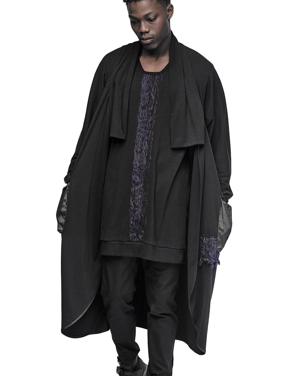 MINOAR - Artwork Long Draped Cardigan, Men's black cotton cardigan with Fiber-Bond texture - 7