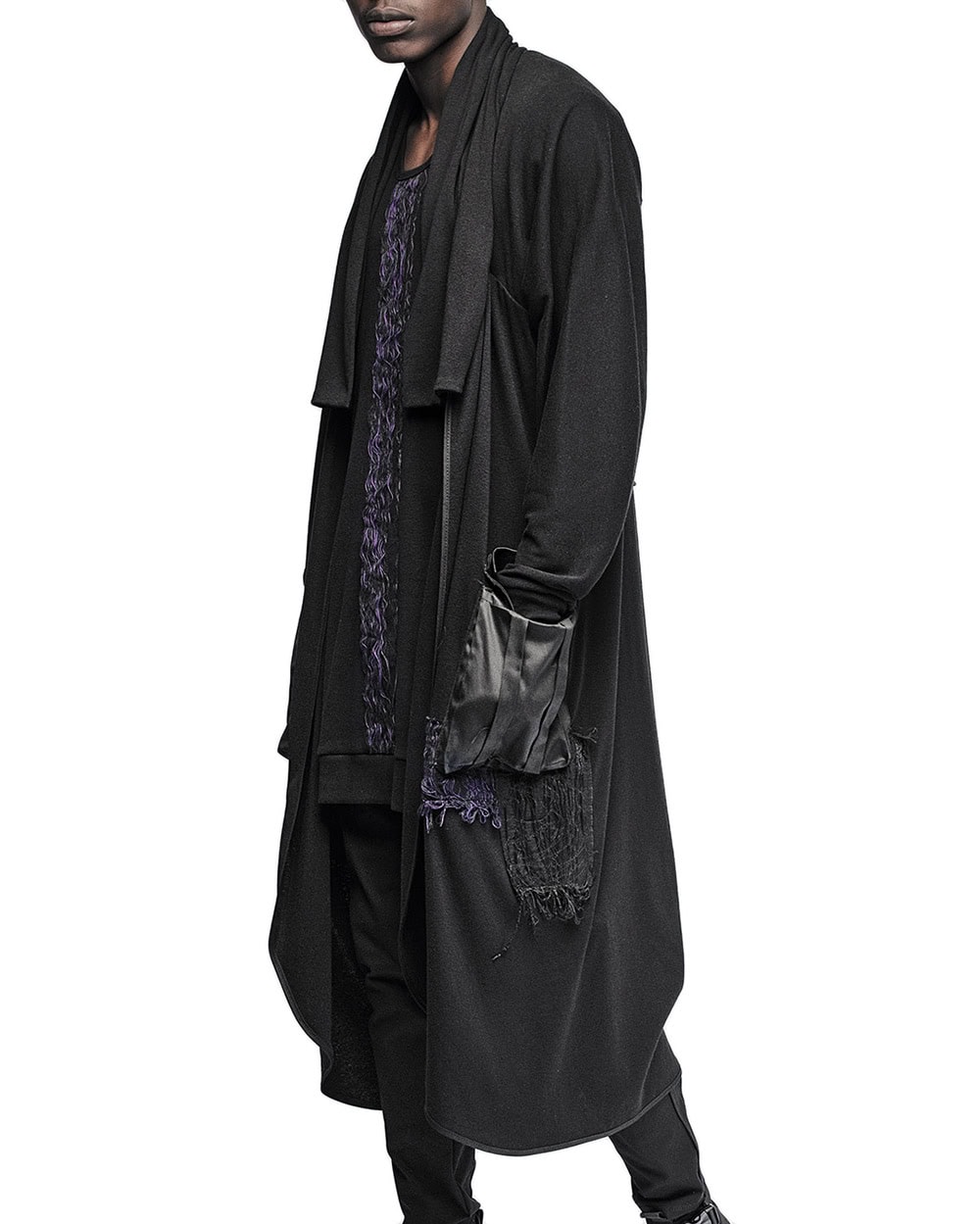 MINOAR - Artwork Long Draped Cardigan, Men's black cotton cardigan with Fiber-Bond texture - 6