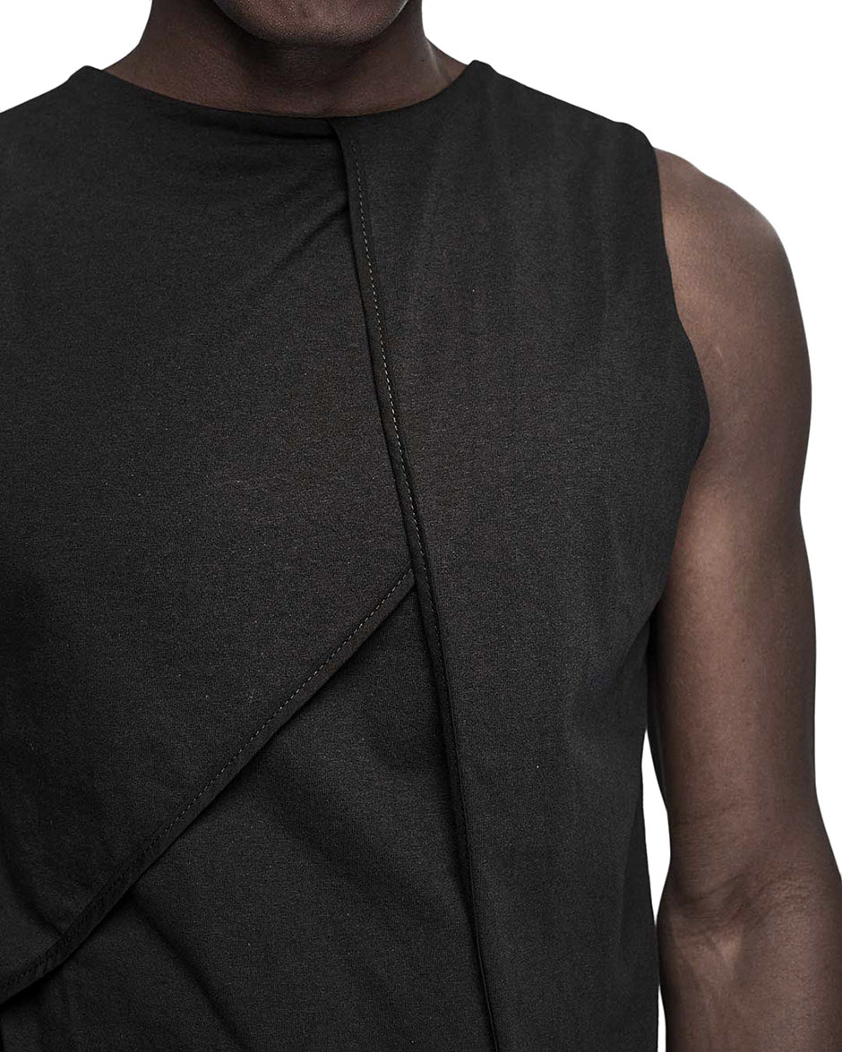 MINOAR - Composition Layered Panel Sleeveless Top, Men's black cotton top with layered construction - 5