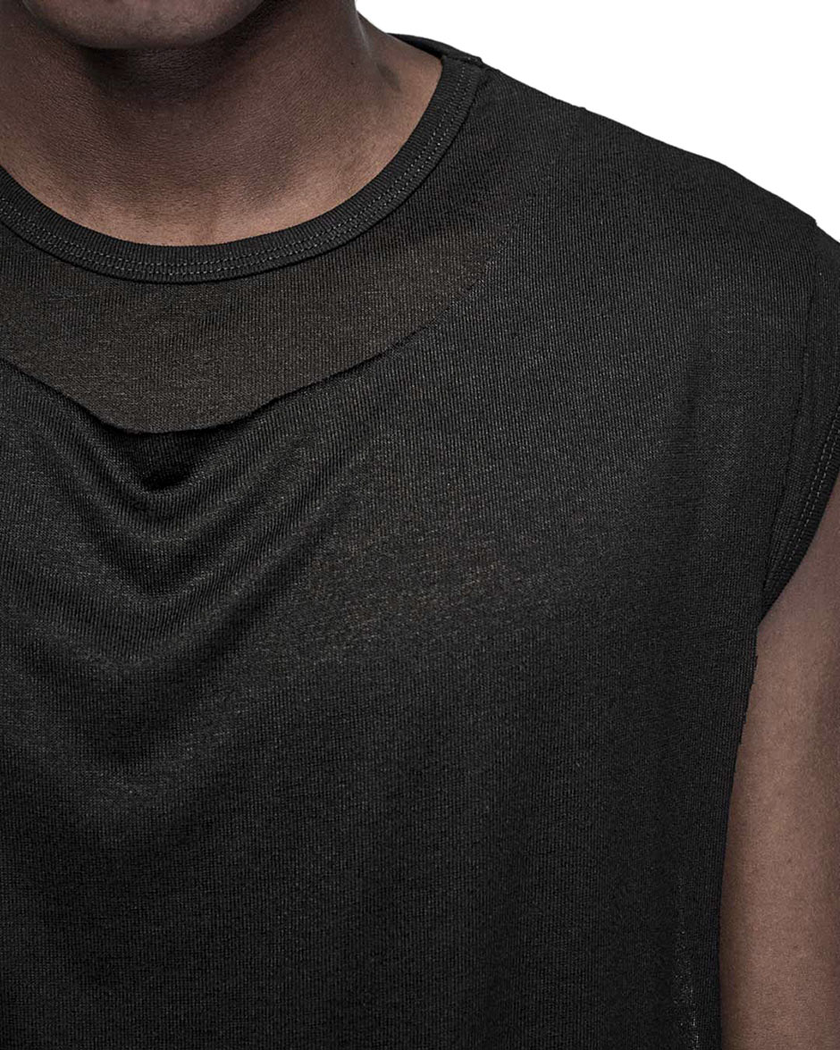 MINOAR - Double Layered Soft Sleeveless Top, Men's black cotton top with layered construction - 5