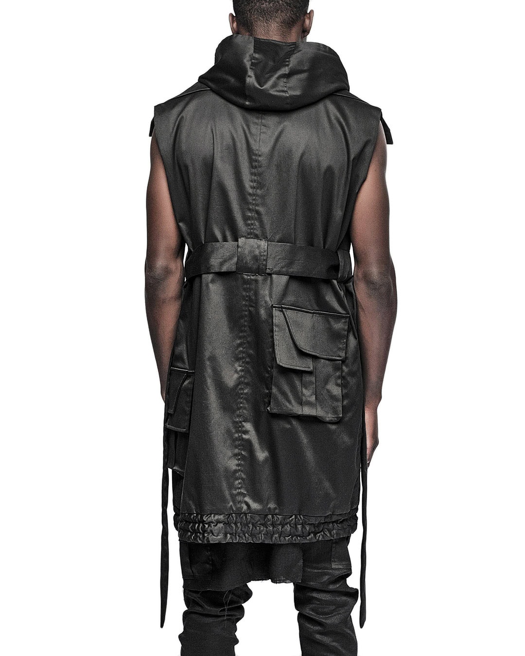 MINOAR - Hooded Cargo Sleeveless Wrap Jacket, Men's black cotton jacket with cargo pocket detail - 5