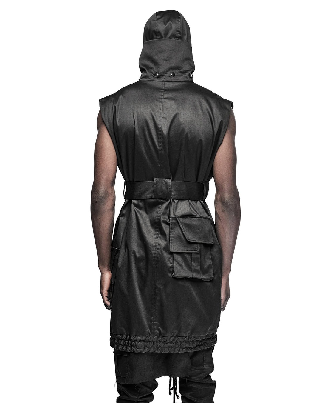 MINOAR - Hooded Cargo Sleeveless Wrap Jacket, Men's black cotton jacket with cargo pocket detail - 6