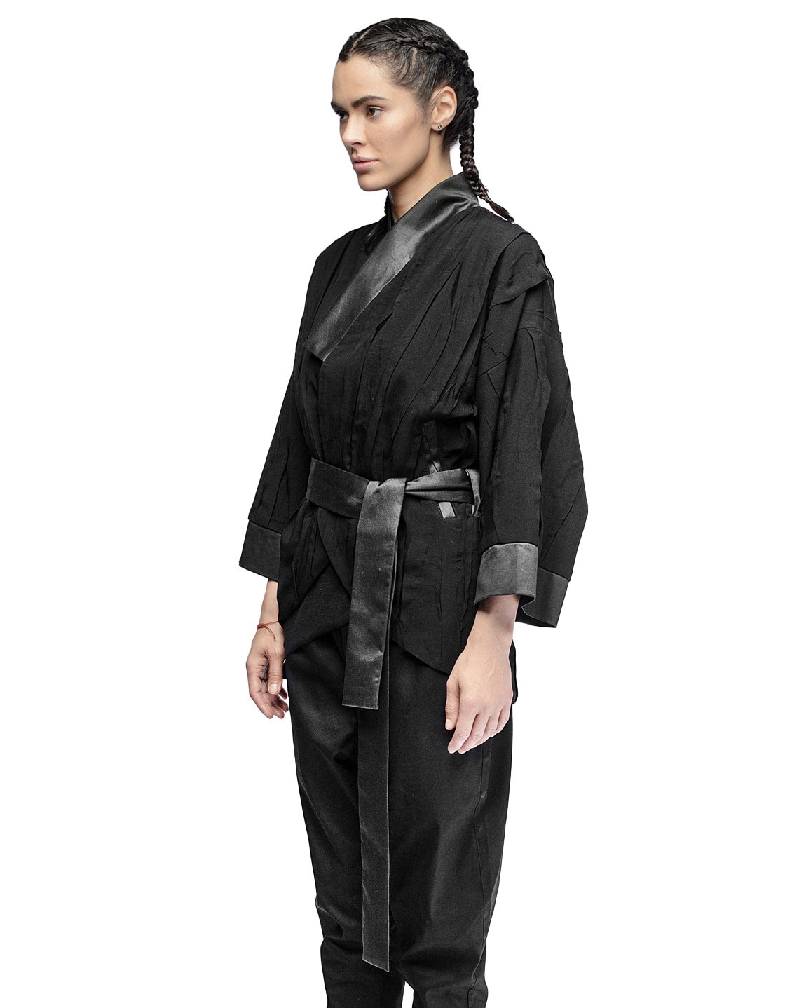 MINOAR - Linear Crushed Technique Kimono Jacket, Women's black cotton jacket with Crushed texture - 5