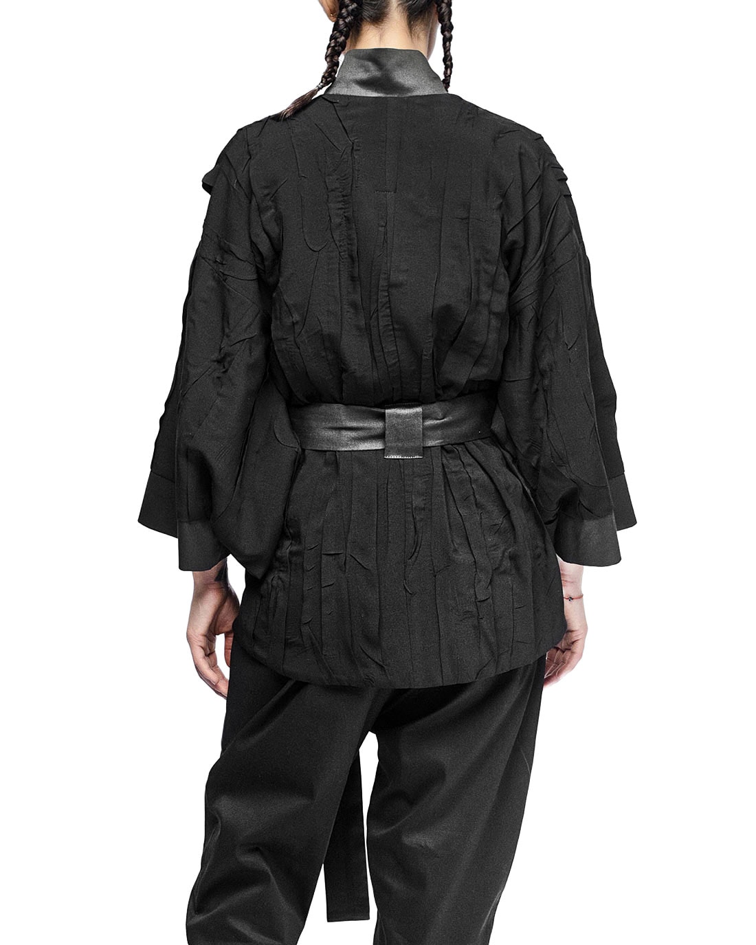 MINOAR - Linear Crushed Technique Kimono Jacket, Women's black cotton jacket with Crushed texture - 6
