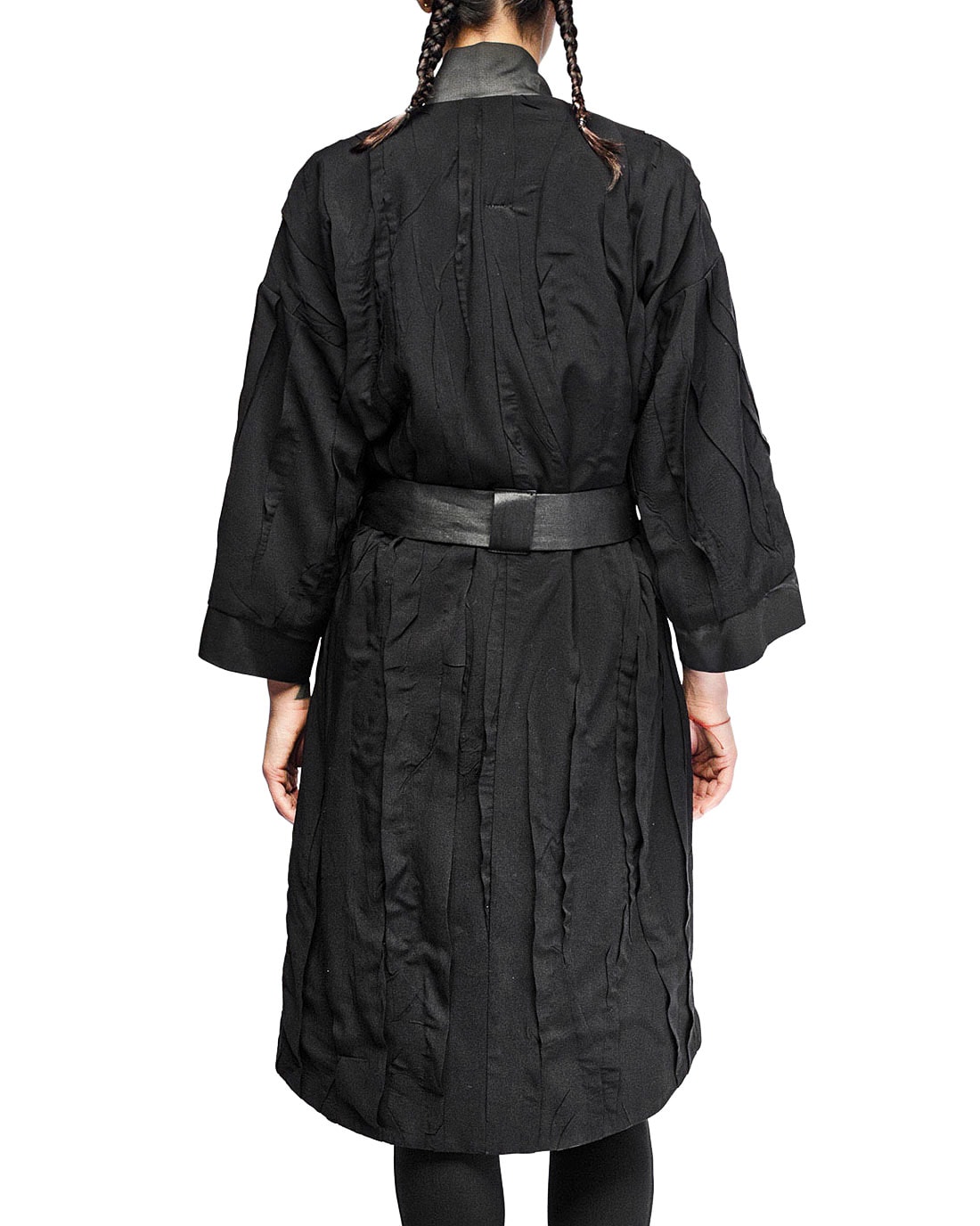 MINOAR - Linear Crushed Technique Long Kimono Coat, Women's black cotton coat with Crushed texture - 6