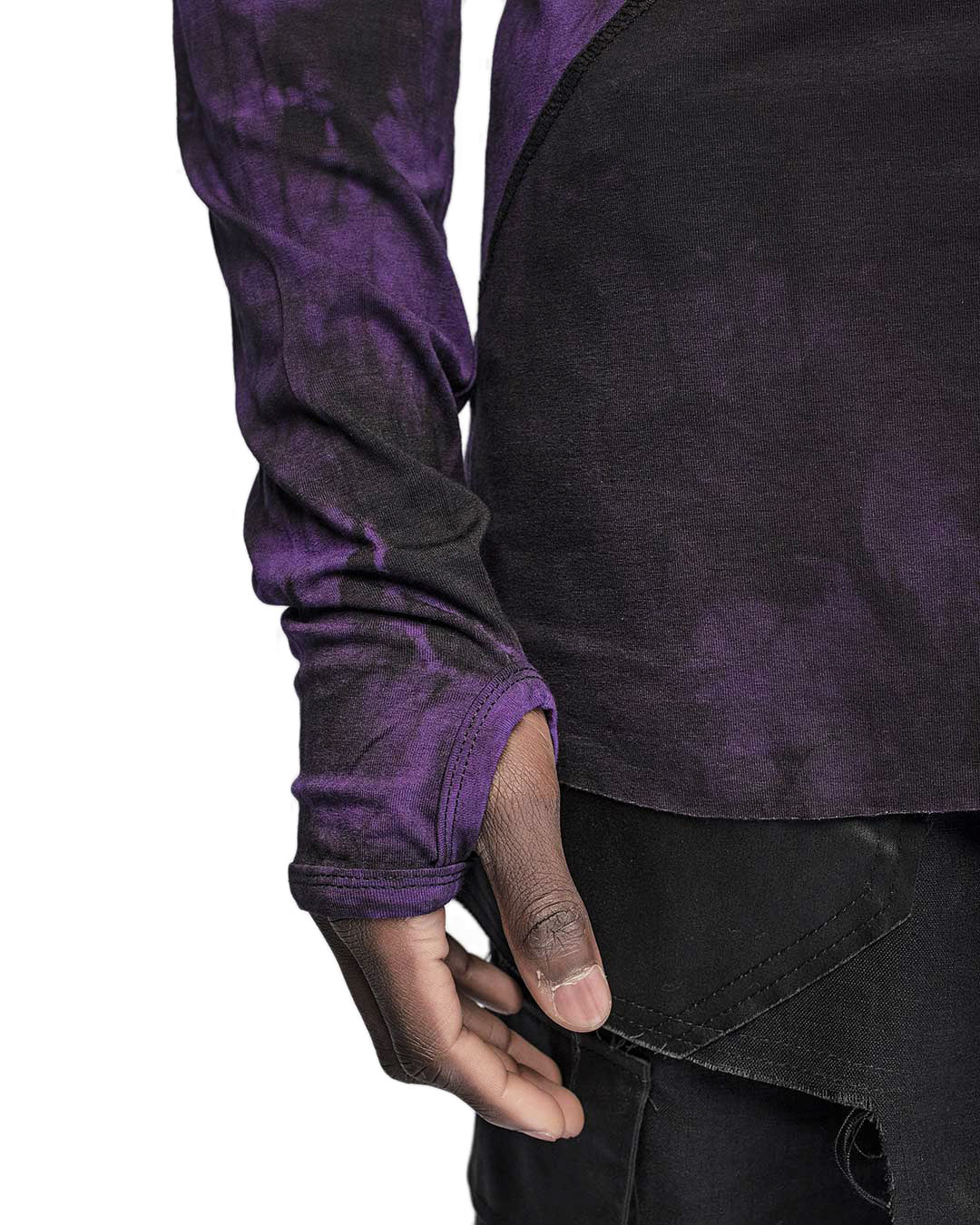 MINOAR - Segment Dyed Violet Long Sleeve Top, Men's black cotton top with ribbed knit texture - 6
