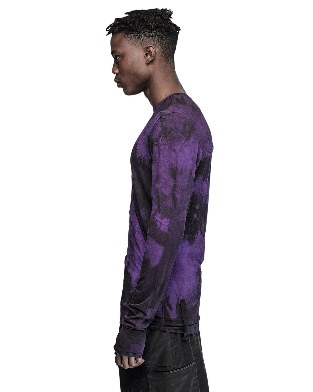 MINOAR - Segment Dyed Violet Long Sleeve Top, Men's black cotton top with ribbed knit texture - 5