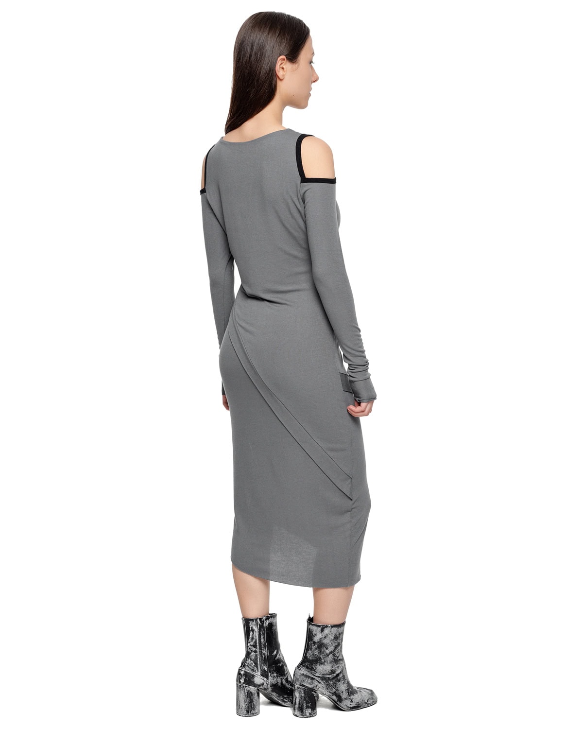 MINOAR - Angular Grey Layered Open Shoulder Dress, Women's grey viscose dress with layered construction - 5