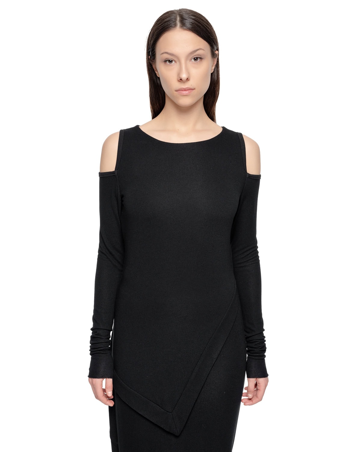 MINOAR - Angular Layered Open Shoulders Dress, Women's black viscose dress with layered construction - 5