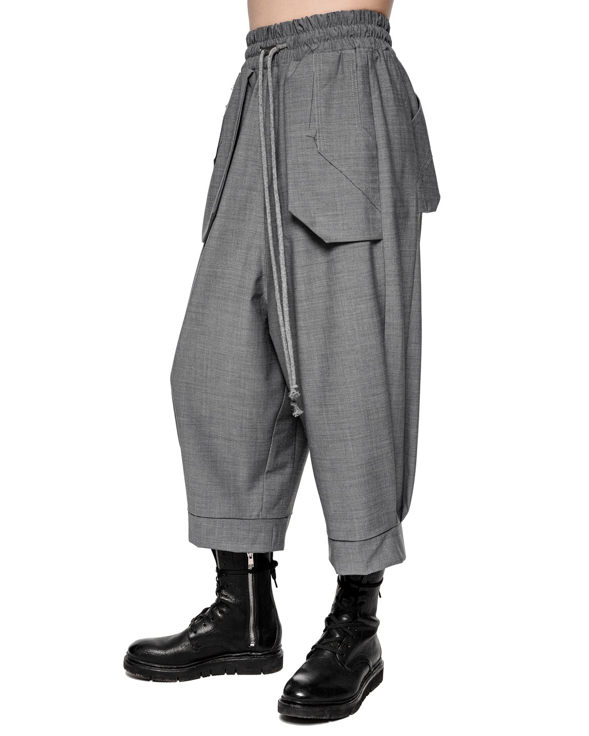 MINOAR - External Cropped Loose Grey Trousers, Men's black wool trousers with drop-crotch silhouette - 5