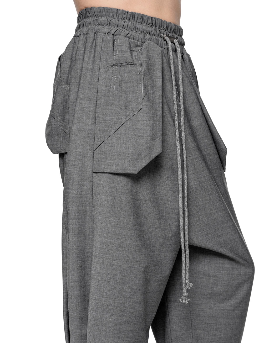 MINOAR - External Cropped Loose Grey Trousers, Men's black wool trousers with drop-crotch silhouette - 6
