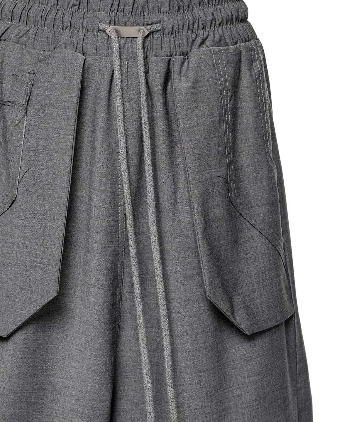 MINOAR - External Cropped Loose Grey Trousers, Men's black wool trousers with drop-crotch silhouette - 10