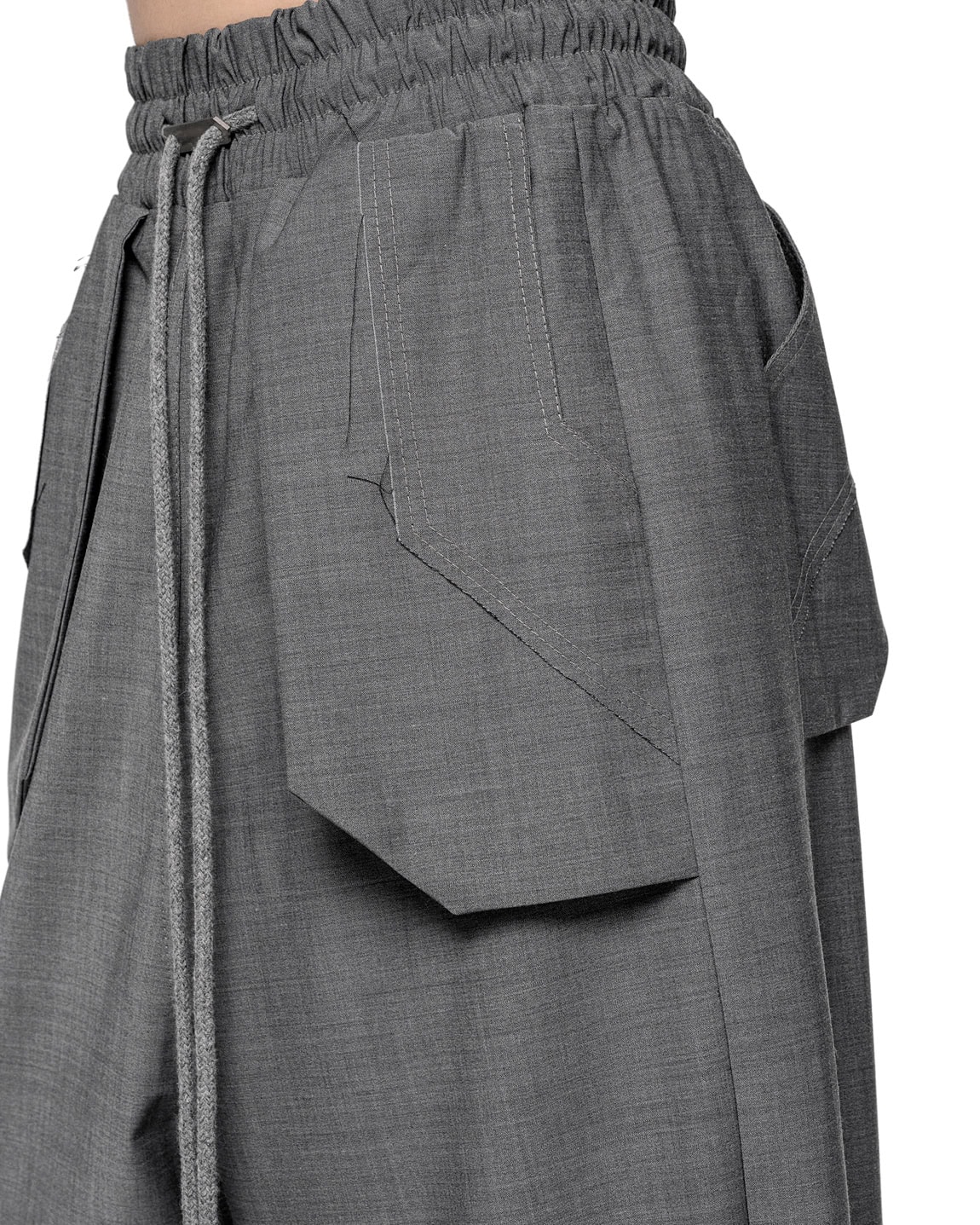 MINOAR - External Cropped Loose Grey Trousers, Men's black wool trousers with drop-crotch silhouette - 9