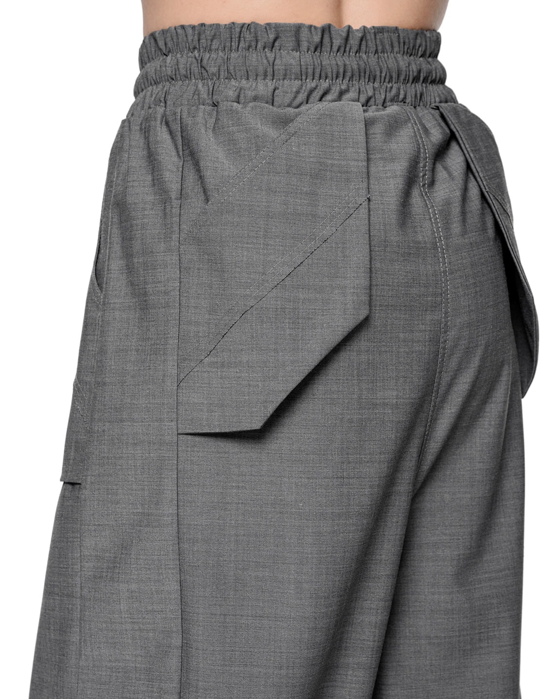 MINOAR - External Cropped Loose Grey Trousers, Men's black wool trousers with drop-crotch silhouette - 8