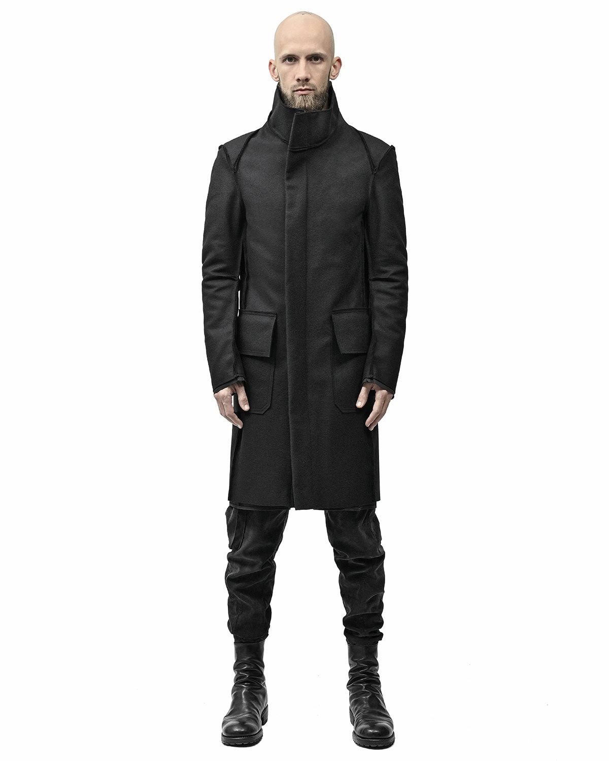 Black Wool Reversed High Neck Coat - Image 9