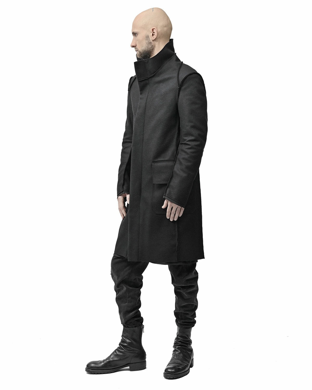 Black Wool Reversed High Neck Coat - Image 5