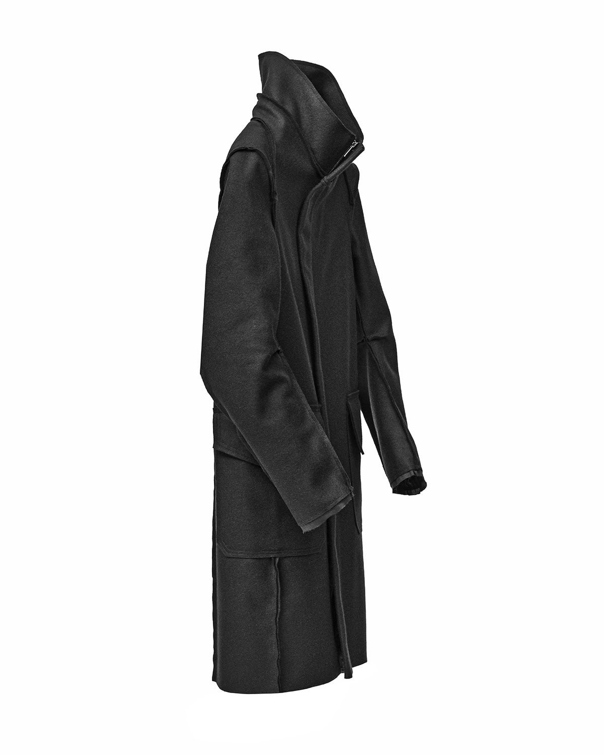 Black Wool Reversed High Neck Coat - Image 8