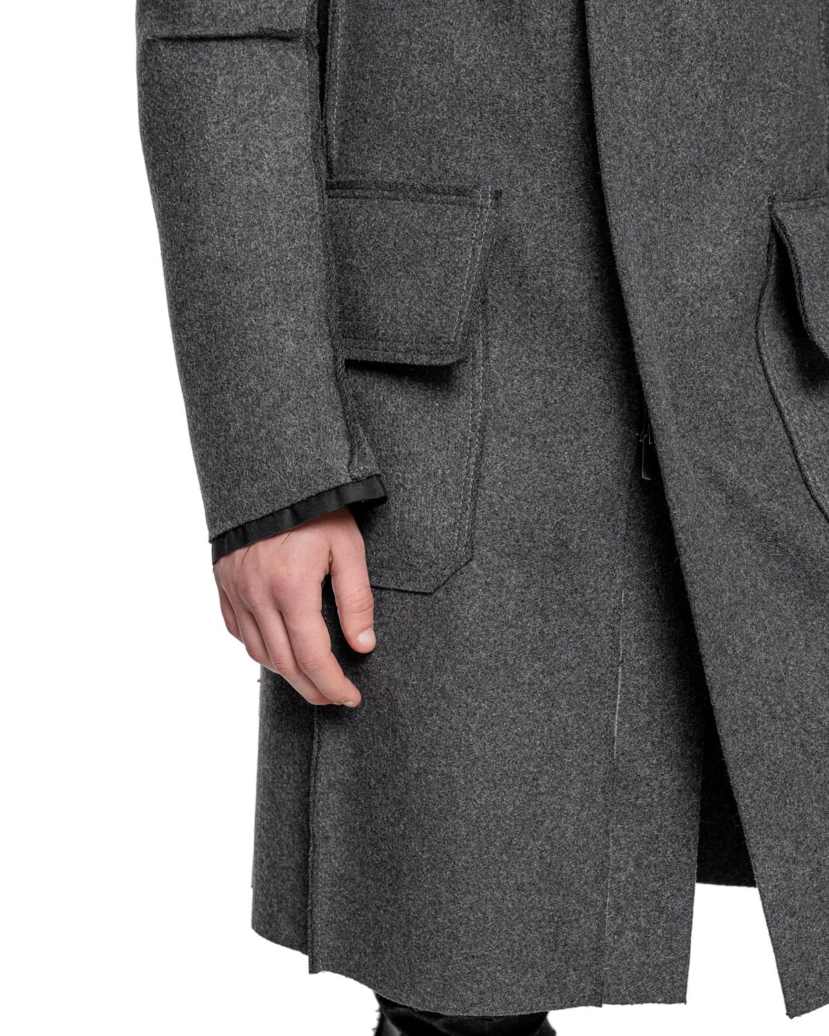 MINOAR - Wool Reversed Raw High Neck Coat, Men's black wool coat with steel hardware detail - 9