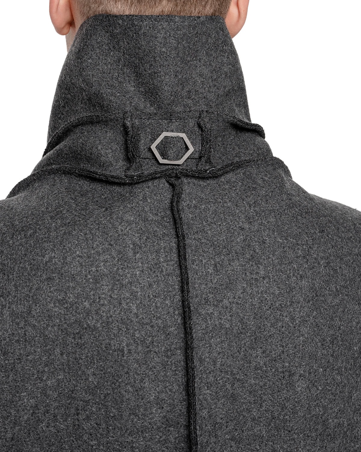 MINOAR - Wool Reversed Raw High Neck Coat, Men's black wool coat with steel hardware detail - 10