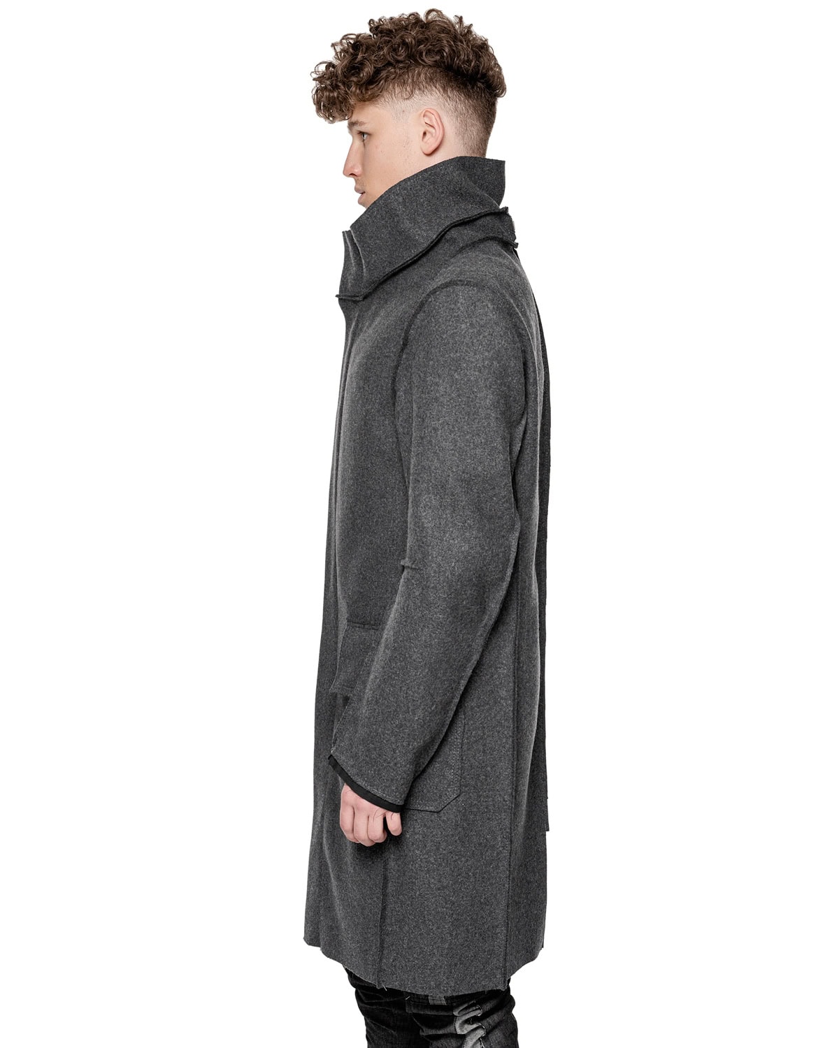 MINOAR - Wool Reversed Raw High Neck Coat, Men's black wool coat with steel hardware detail - 5