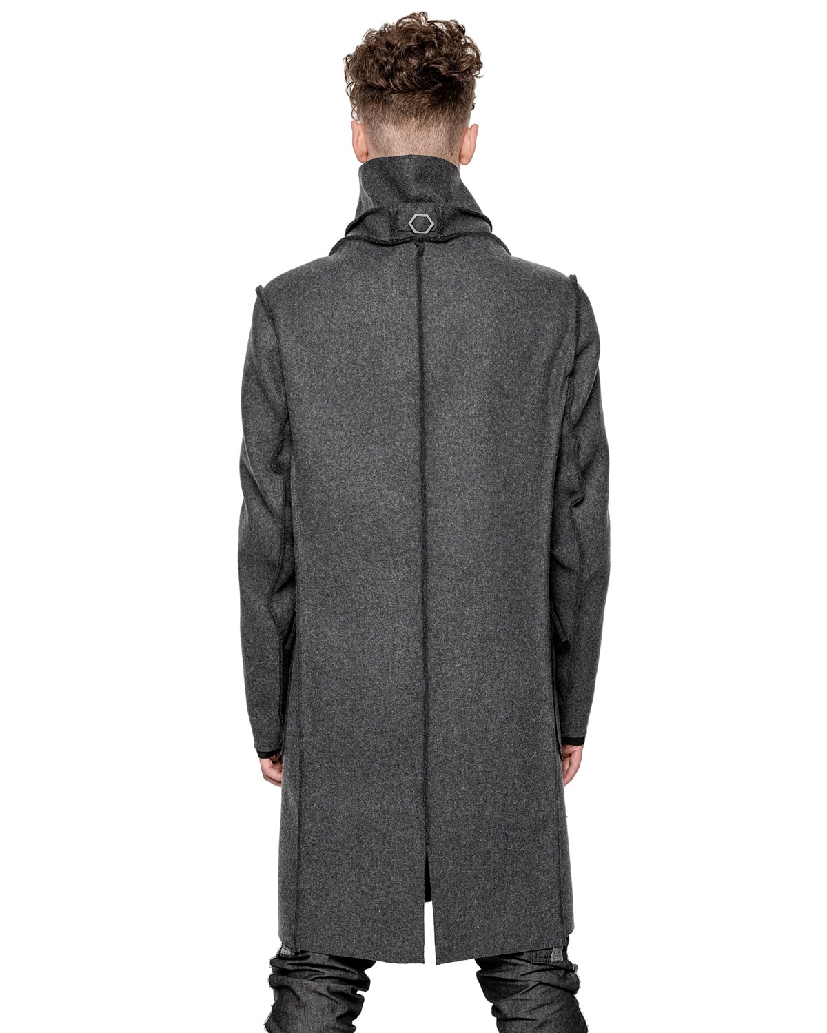 MINOAR - Wool Reversed Raw High Neck Coat, Men's black wool coat with steel hardware detail - 6