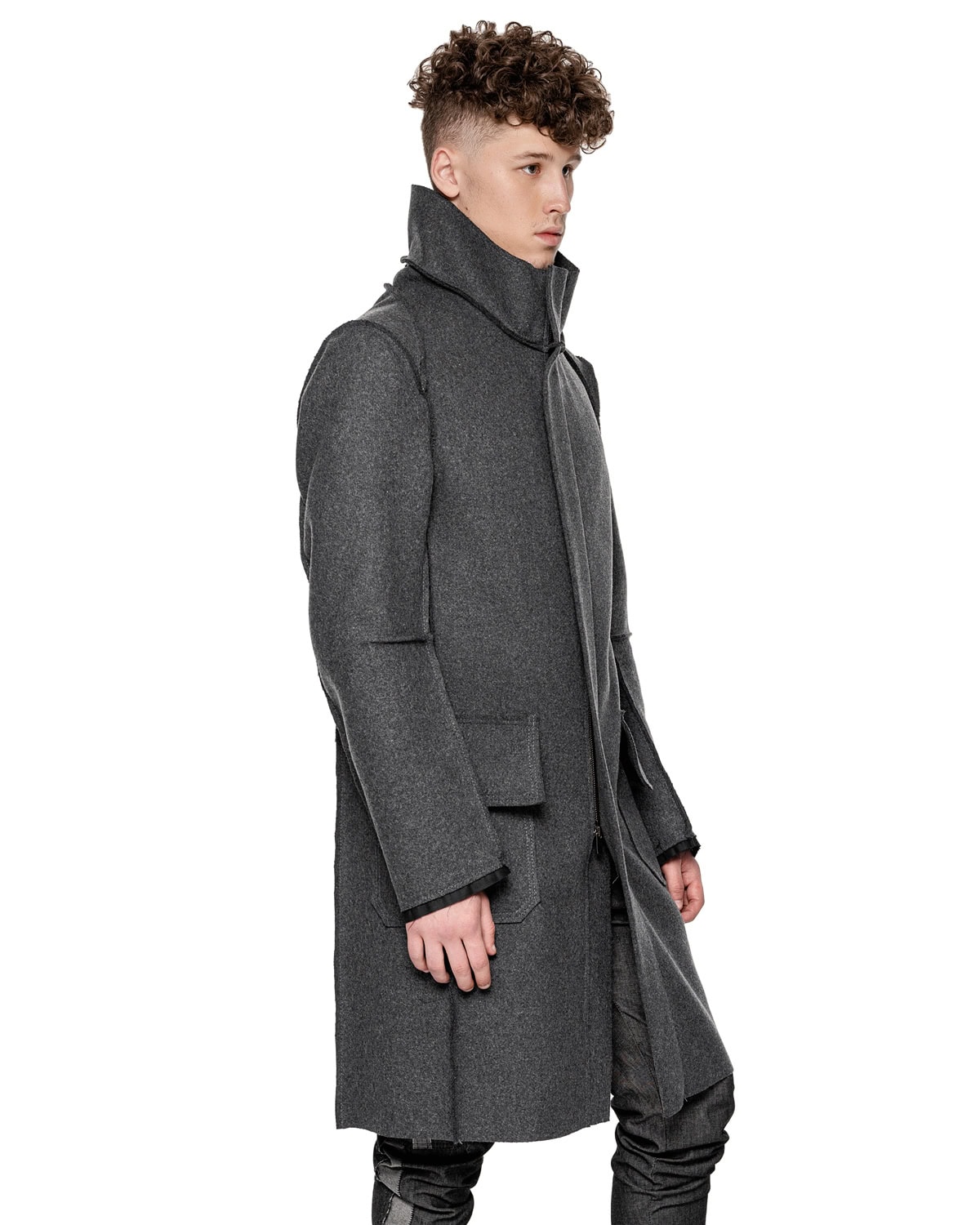 MINOAR - Wool Reversed Raw High Neck Coat, Men's black wool coat with steel hardware detail - 7