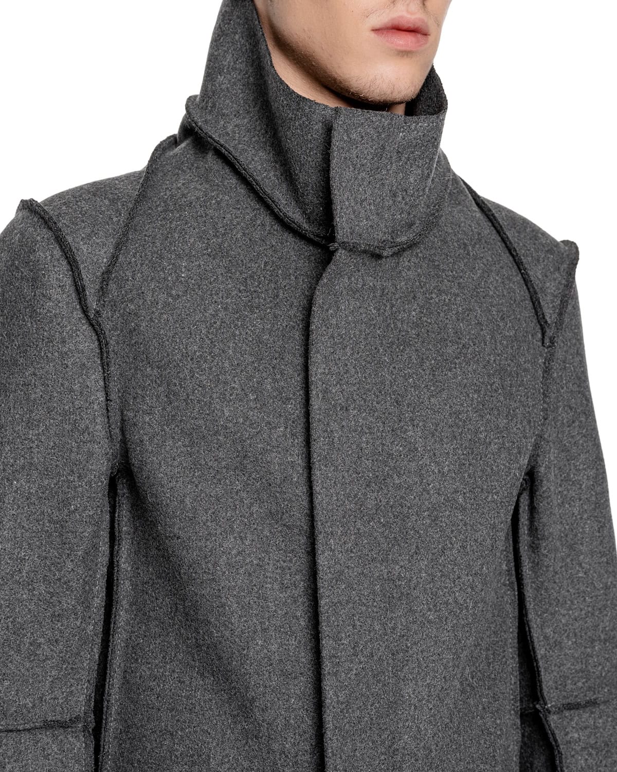 MINOAR - Wool Reversed Raw High Neck Coat, Men's black wool coat with steel hardware detail - 8