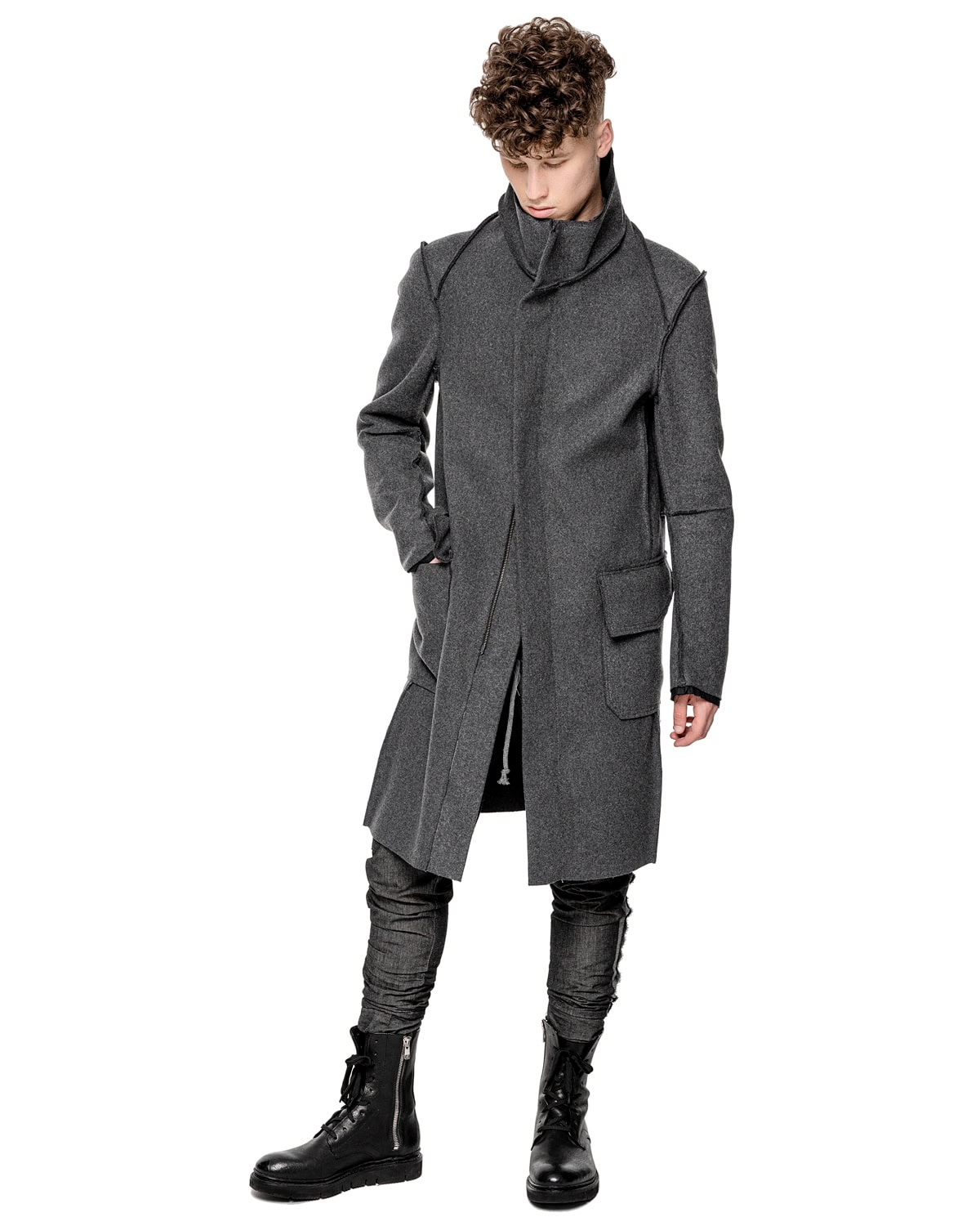 MINOAR - Wool Reversed Raw High Neck Coat, Men's black wool coat with steel hardware detail - 11