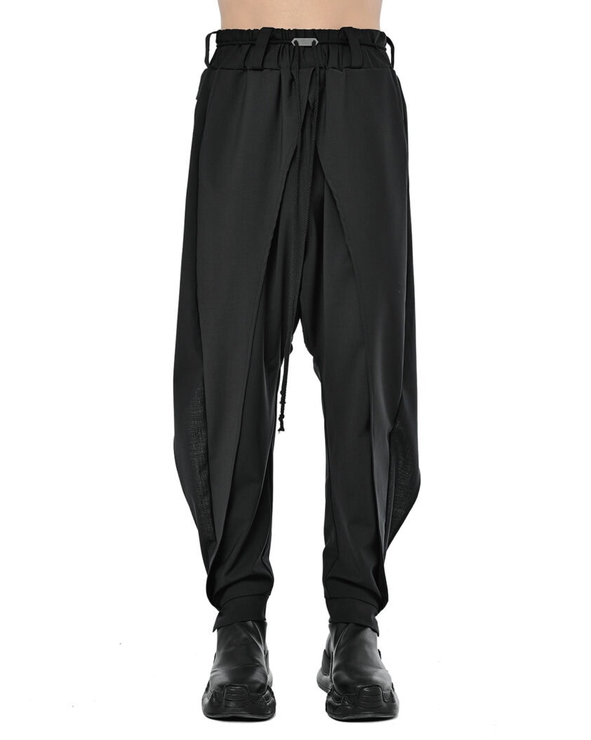 MINOAR - Trigon Black Layers Volume Pants, Men's black wool pants with drop-crotch silhouette - 1