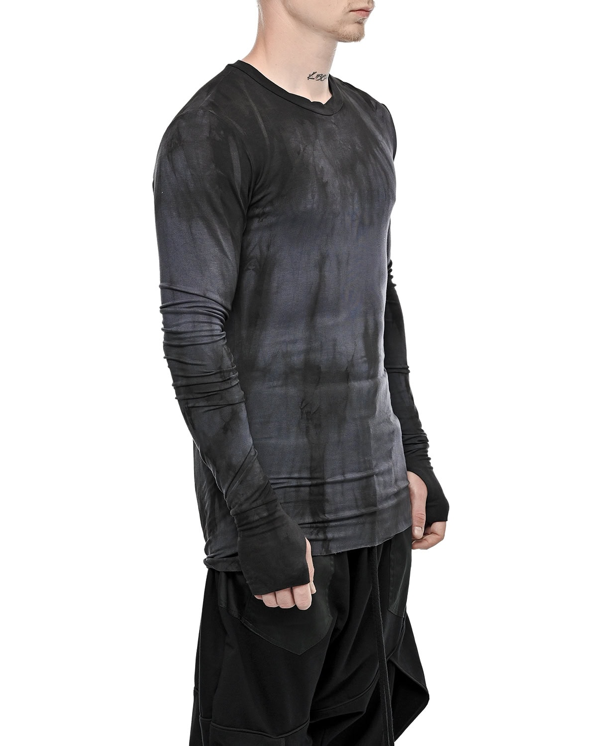 MINOAR - Nuance Dyed Slim Long Sleeve Top, Men's black cotton top with layered construction - 5