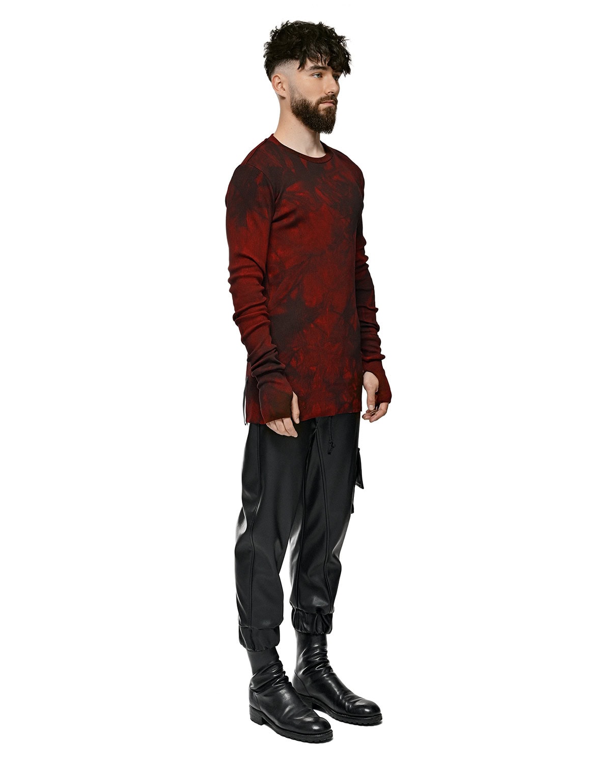 MINOAR - Cloud Red Layer Rib Knit Sweater, Men's black cotton sweater with thumb openings - 5