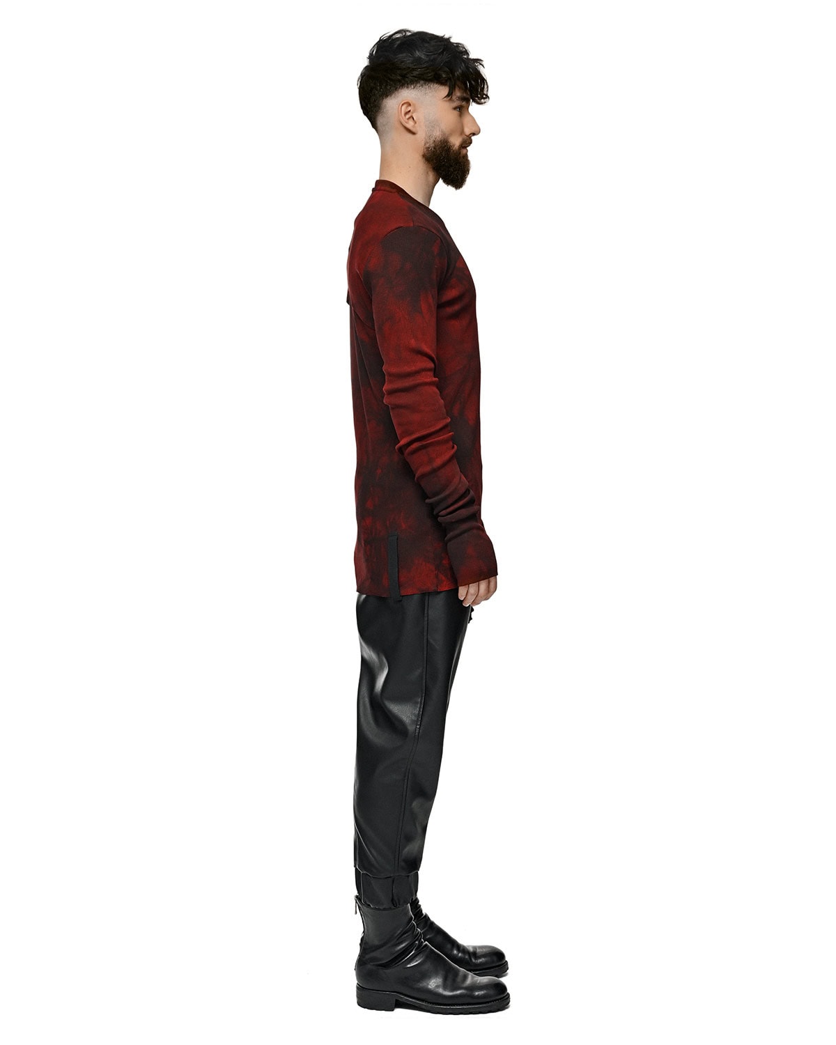 MINOAR - Cloud Red Layer Rib Knit Sweater, Men's black cotton sweater with thumb openings - 6