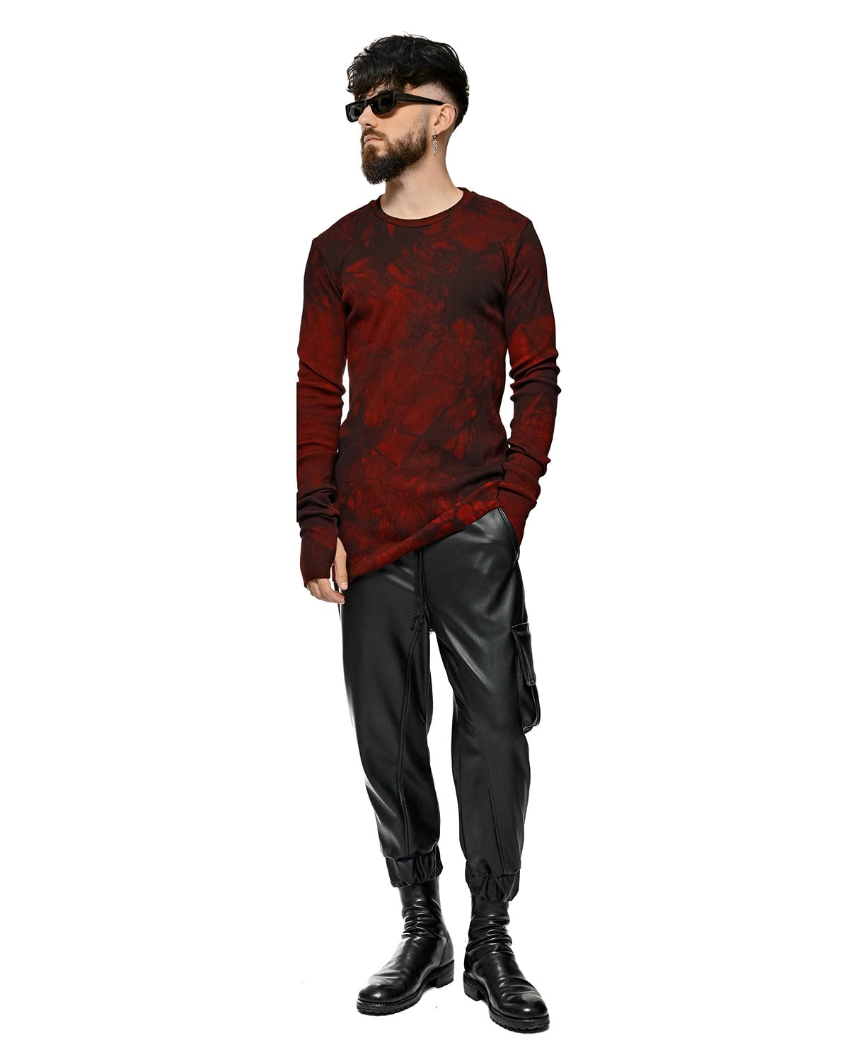MINOAR - Cloud Red Layer Rib Knit Sweater, Men's black cotton sweater with thumb openings - 8