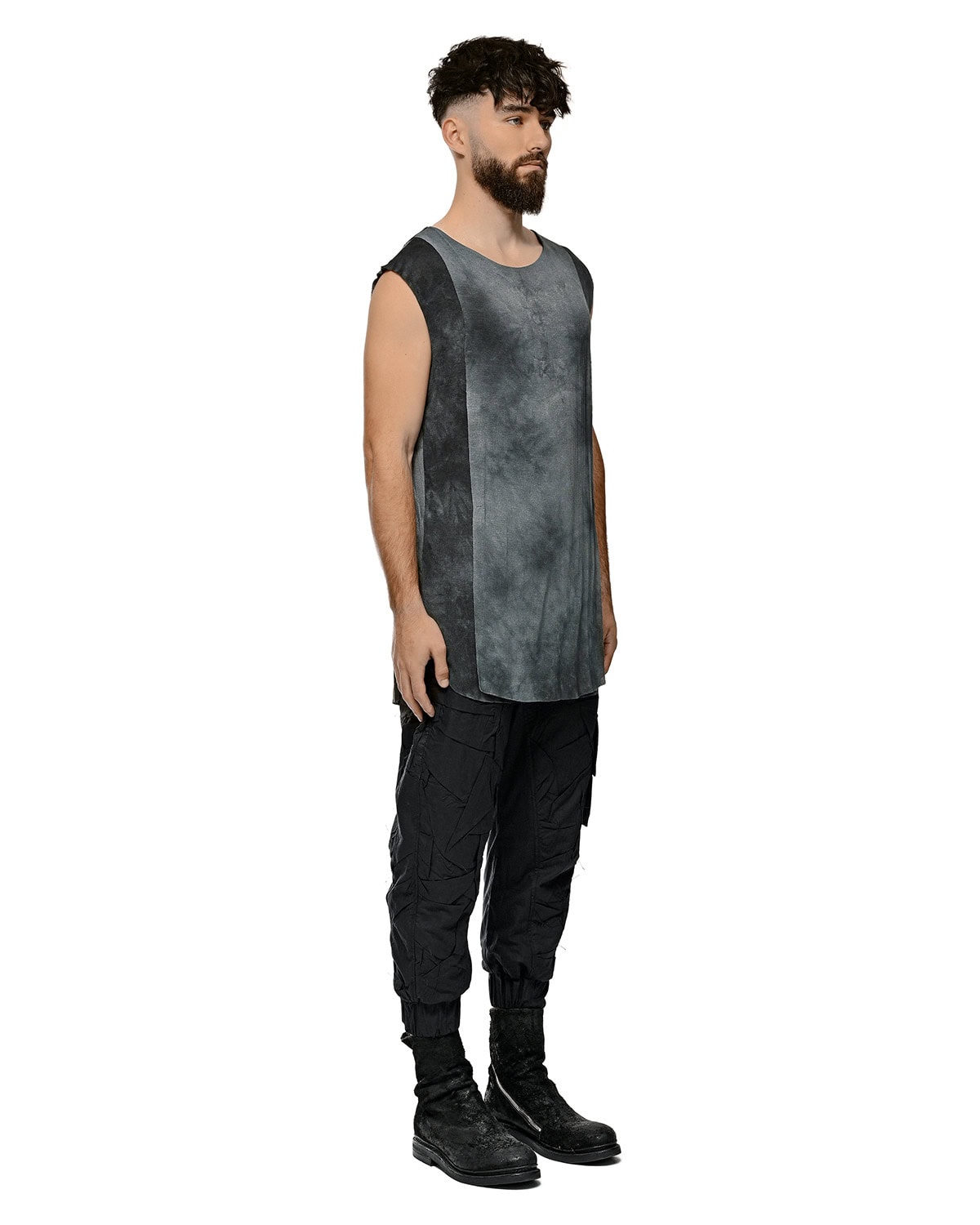 MINOAR - Indigo Dyed Layer Sleeveless T-Shirt, Men's black viscose sleeveless T-shirt with layered construction - 6
