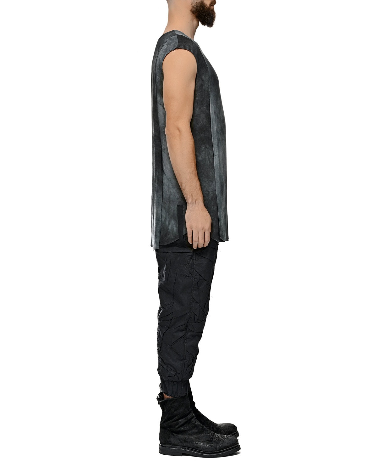 MINOAR - Indigo Dyed Layer Sleeveless T-Shirt, Men's black viscose sleeveless T-shirt with layered construction - 7