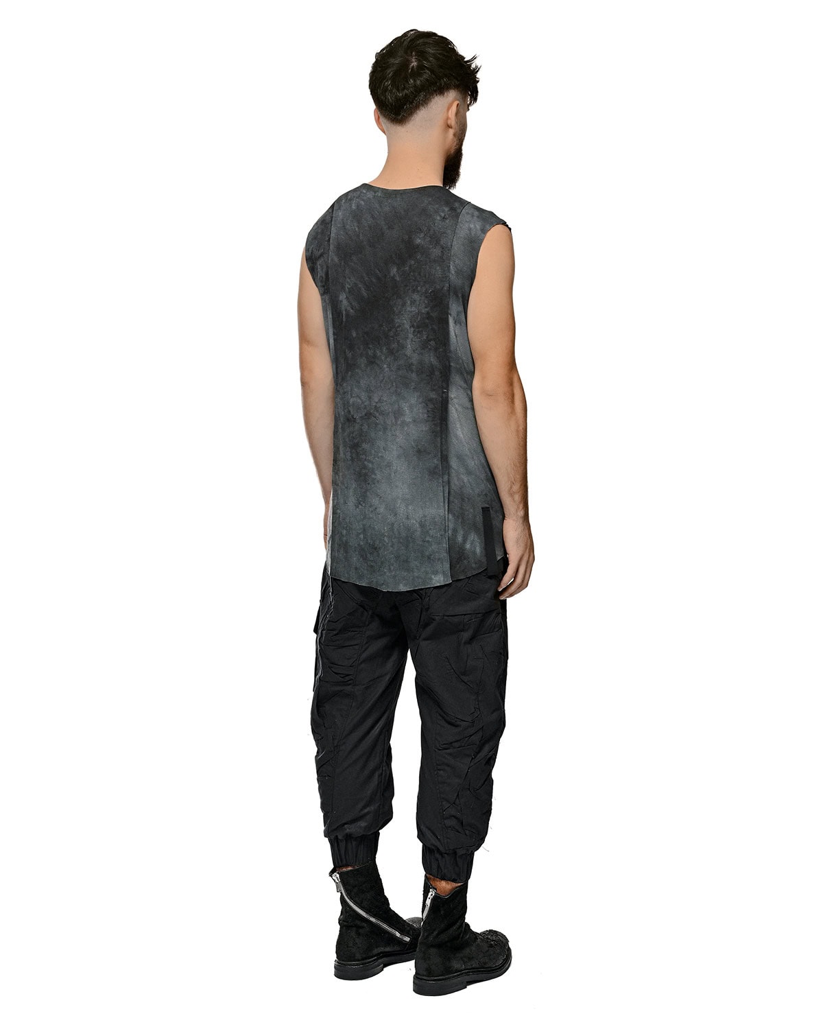 MINOAR - Indigo Dyed Layer Sleeveless T-Shirt, Men's black viscose sleeveless T-shirt with layered construction - 8