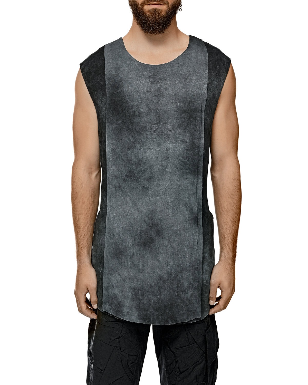 MINOAR - Indigo Dyed Layer Sleeveless T-Shirt, Men's black viscose sleeveless T-shirt with layered construction - 5