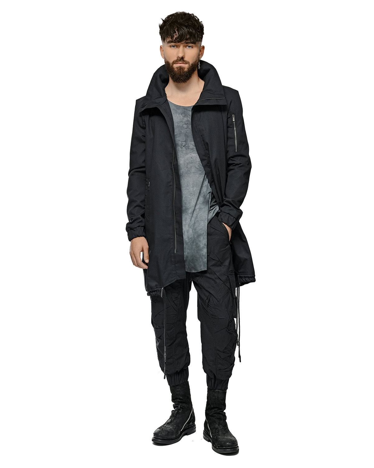 MINOAR - Indigo Dyed Layer Sleeveless T-Shirt, Men's black viscose sleeveless T-shirt with layered construction - 9