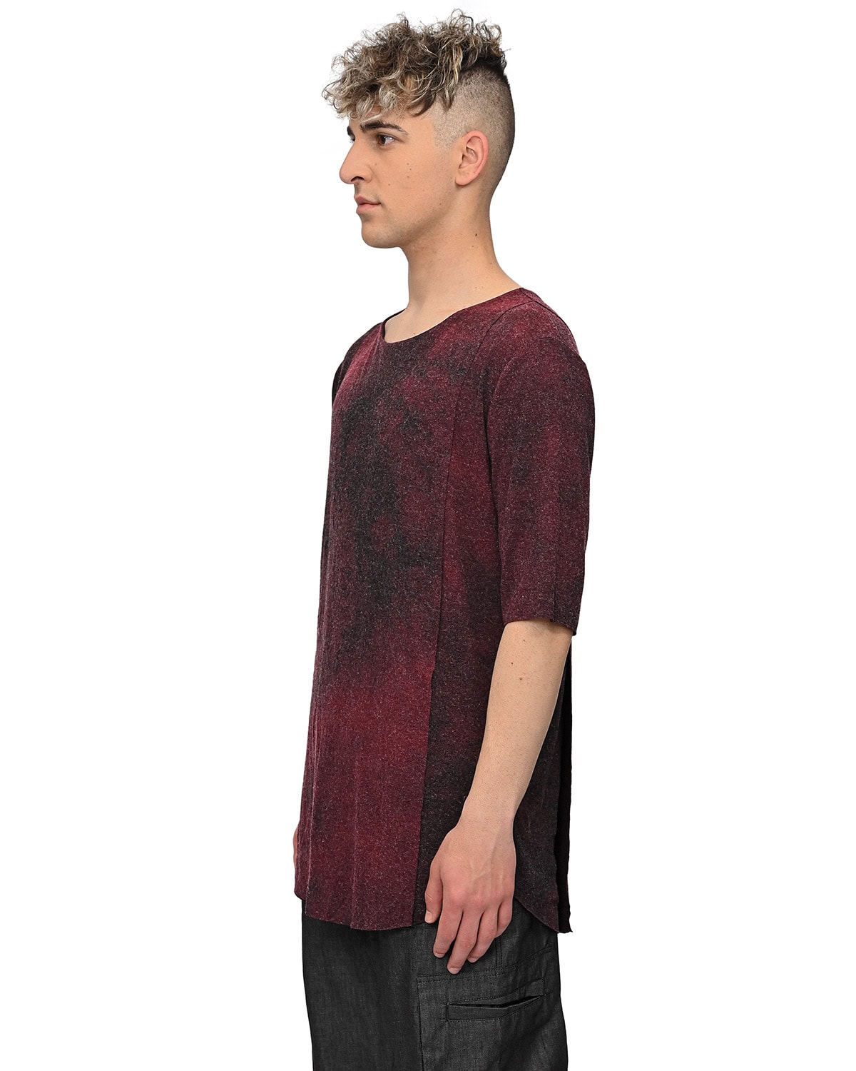 MINOAR - Layers Red Moss Cloud Dyed T-Shirt, Men's black viscose T-shirt with layered construction - 8